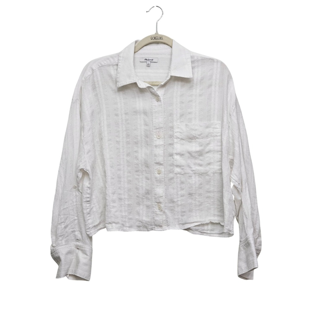 Madewell Button Down Shirt Womens Medium White Dobby Stripe Cropped Cotton Top